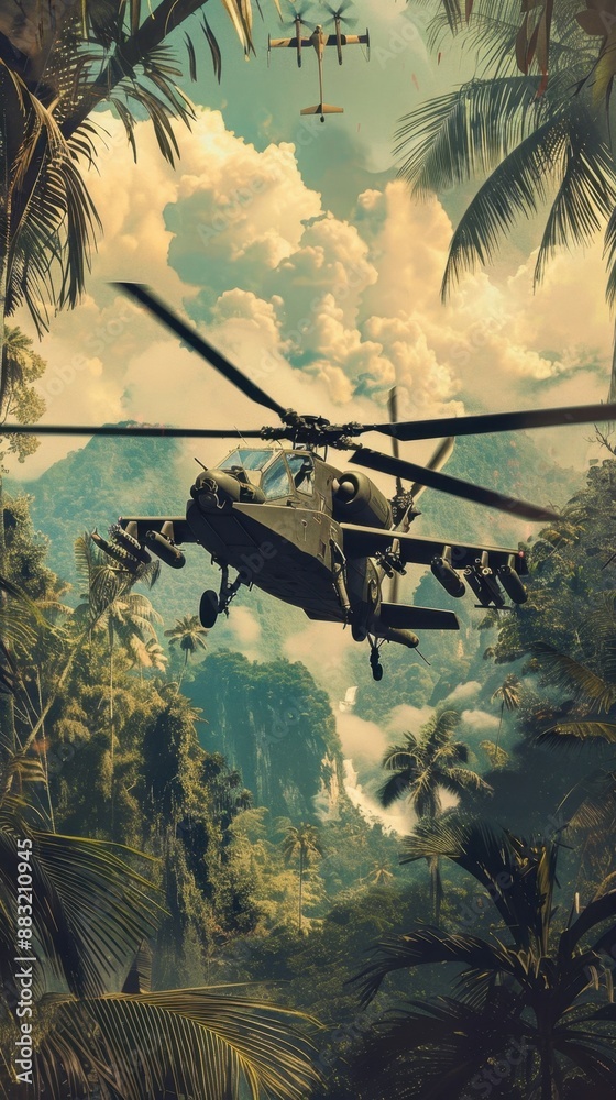 Sticker A vintage-style poster featuring an Attack Helicopters AH-64 Apache in a jungle