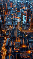 A vast, abstract circuit board landscape, pulses of energy flowing along pathways, with imposing firewall structures in the distance, vaporwave