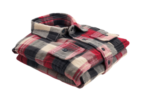 Folded plaid shirt with a classic red and blue pattern. Perfect for casual wear or stylish layering in both men's and women's fashion.