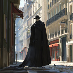 a man in a black cloak and a black mask, cartoon style