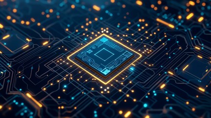 A glowing electronic chip on a dark blue background, showcasing intricate circuitry and modern technology.