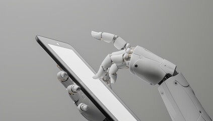 A robotic hand interacting with a tablet on a plain grey background.