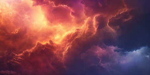 Fototapeta premium A mesmerizing image of a nebula cloud, showcasing a vibrant blend of orange, purple, and blue hues, creating a surreal and captivating cosmic scene.