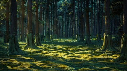 A tranquil forest scene at dusk, with tall, ancient trees casting long shadows on a carpet of vibrant green moss, and a soft, warm light filtering through the dense foliage.