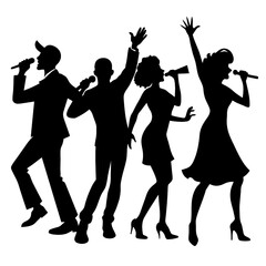 Four people singing into microphones in silhouette against a white backdrop, facing forward and looking happy. Generative AI