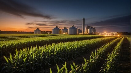 An image of rural agriculture with corn fields and biomass gas generators