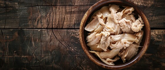 Shredded Chicken in a Wooden Bowl on a Rustic Wooden Table
