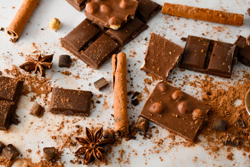 Composition with cocoa powder, chocolate, and cinnamon on a white background. Broken chocolate pieces and cocoa powder.