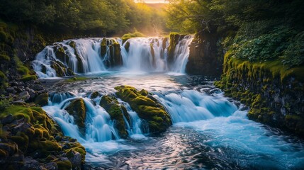 Fototapeta premium Bruarfoss Waterfall at dusk, the cascading blue waters glistening in the dim light, flowing through moss-covered rocks, surrounded by dense green foliage, with the setting sun casting 