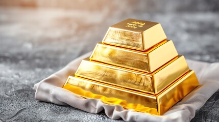Stack of gold bars arranged in a pyramid shape on a grey textured background, symbolizing wealth, investment, and financial security.