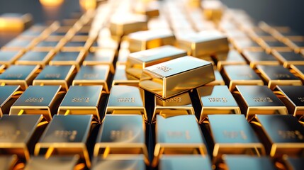 Obraz premium A stunning collection of gold bars stacked meticulously, symbolizing wealth, investment, and economic security with a rich golden hue.
