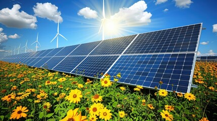 Field of solar panels and wind turbines with sunflowers
