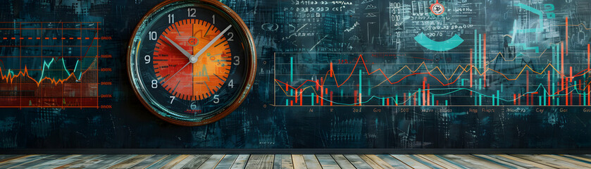 Photo Realistic Blackboard with Market Analysis and Clock Concept for Timely Business Performance