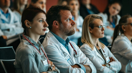 Group of attentive medical professionals at a conference or seminar listening to a speaker, focused on learning and discussing healthcare advancements