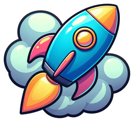 A colorful cartoon rocket with round windows taking off with a cloud in the background - Sticker