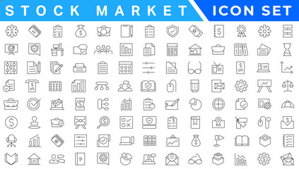 Stock market icons set with fully editable stroke thin line vector illustration with stock marketing, stock exchange, investment, shares, financial goals, bear marketing, trading, securities, money
