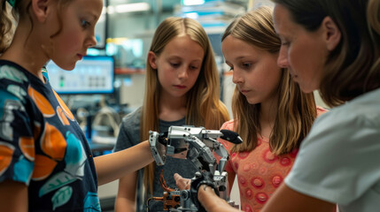Young girls engaged in robotics workshop, learning and collaborating