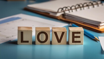 love word written on wooden blocks on blue office table with office table