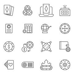 Betting icon set. Thin line icon. Editable stroke. Containing ace of hearts, bet, betting, bingo, cards, casino chips, chips, exchange, jackpot, lottery, online casino, poker, poker chip, roulette