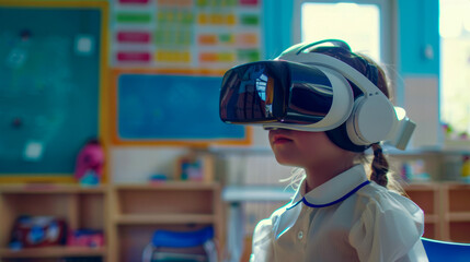 Young student exploring virtual reality in classroom with VR headset