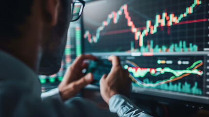 Fototapeta premium Stock market analysis of marketing trends by a businessman looking at a graph on his company's computer monitor screen while planning an investment strategy, illustration stock image 