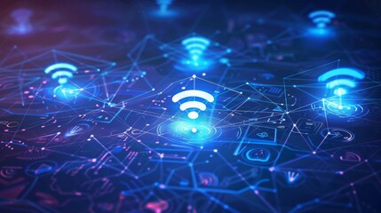 Abstract Digital Network with Wifi Symbol and Glowing Lines