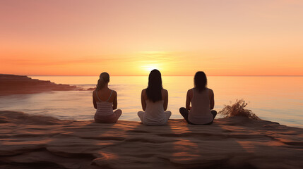 Three Women Meditating at Sunrise on Beach
