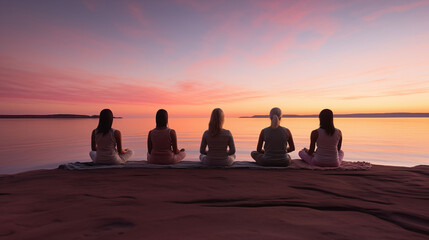 Group Meditation at Sunset by the Lake
