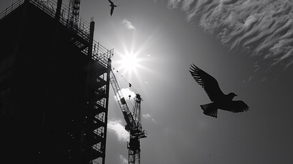 Silhouette of a construction site with cranes and birds flying overhead during sunrise or sunset.
