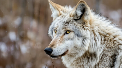 Fototapeta premium Majestic Gray Wolf in Natural Habitat, Captured in Stunning Detail with Warm Autumn Colors in the Background