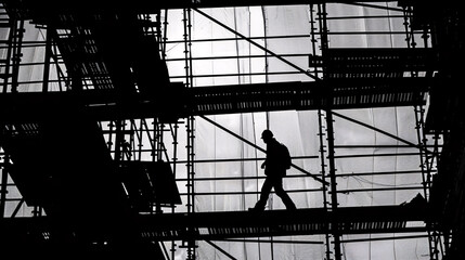 Silhouette of a construction worker on scaffolding.