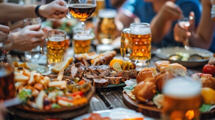 A group of people are gathered around a table with a variety of food and drinks