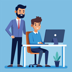 A freelancer working hard and his mentor guides him from the back art illustration 