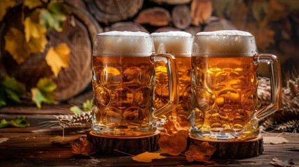 A bar with three glasses of beer on a counter