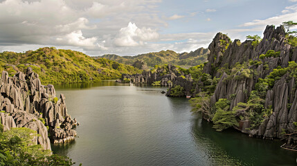 Scenic View of Limestone Rock Formations and Serene Lake in Madagascar's Tsingy de Bemaraha National Park on a Sunny Day