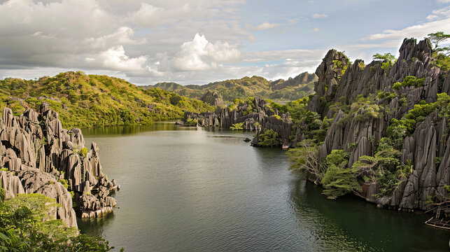 Scenic View of Limestone Rock Formations and Serene Lake in Madagascar's Tsingy de Bemaraha National Park on a Sunny Day - Powered by Adobe