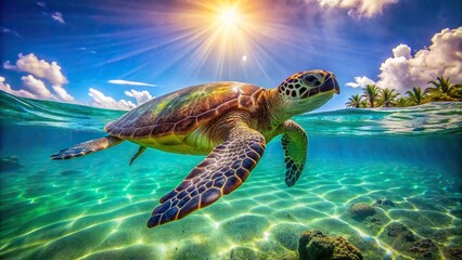 Obraz premium Vibrant green sea turtle effortlessly glides through crystal-clear turquoise waters, near sun-kissed shore, amidst tranquil ocean scenery on a warm day.