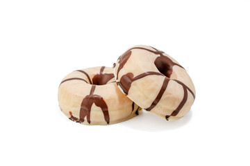 Two donuts with chocolate icing on top. Donuts arranged on a white background