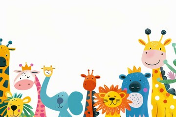 Fototapeta premium Cute and brightly colored and playful animal illustration. Wild woodland safari jungle animals illustrations.