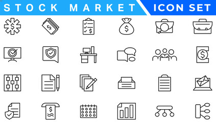 Stock market icons set with fully editable stroke thin line vector illustration with stock marketing, stock exchange, investment, shares, financial goals, bear marketing, trading, securities, money