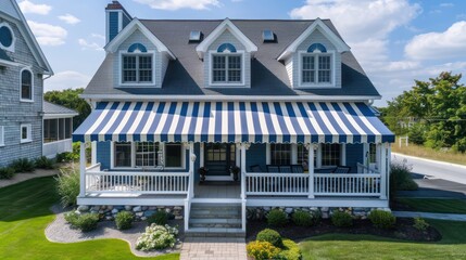 Naklejka premium Suburban Cape Cod home with a blue and white striped canvas awning over the front porch, providing shade and coastal charm