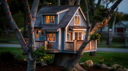 Suburban Cape Cod home with a custom-built treehouse for the kids, styled like a miniature version of the home, complete with small windows and a porch