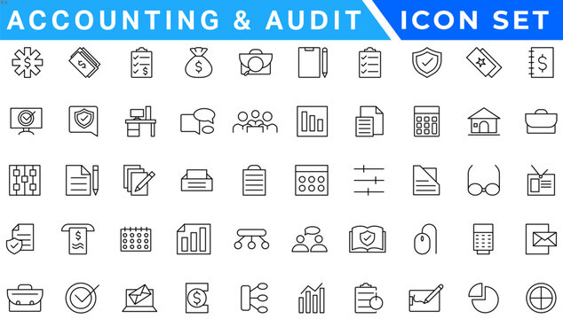 Accounting and audit icon set. Taxes and accounting line icons collection. Check and audit line icons collection. Containing financial statement, accountant, financial audit. Vector illustration