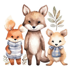 Cute fox family in the jungle in watercolor style, child illustration with an orange fox., fox and squirrel