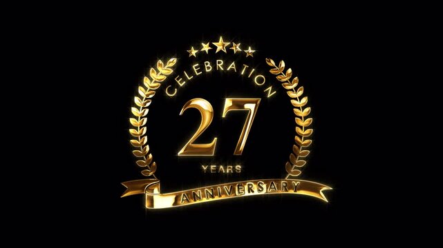 Luxurious 27th Anniversary Celebration. Golden 27 Years Anniversary Animation in Gold Color on the Transparent Background, Alpha Channel. Great for greetings, celebrations, events, and gifts.