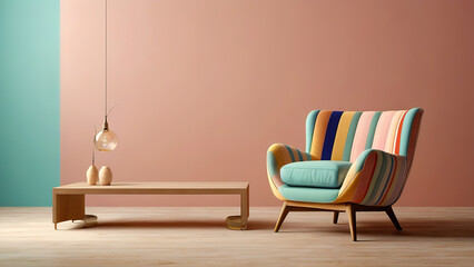 Abstract minimal concept. Pastel multi color vibrant groovy retro striped background wall frame with bright armchair decor. Mock up template for product presentation. 3D rendering. copy space