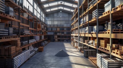 Fototapeta premium A large warehouse with many shelves full of boxes and bags