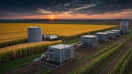 An image of rural agriculture with corn fields and biomass gas generators