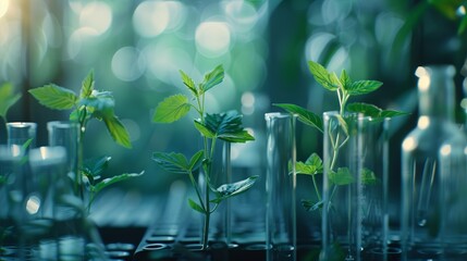 Concept of green technology with plants growing in glass flasks