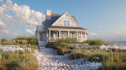 Suburban Cape Cod home with a custom-built dune walkover, preserving the natural landscape while providing access to the beach
